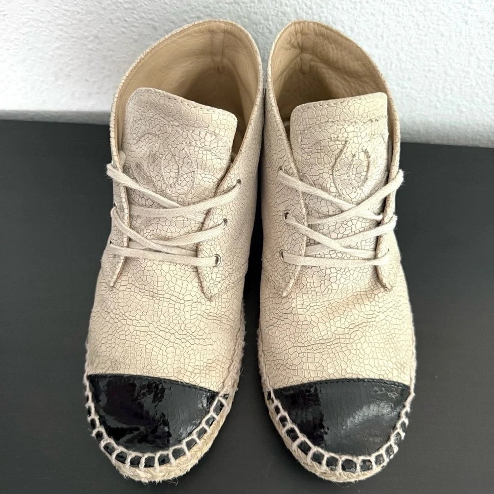 Chanel Two Tone Crackle Leather CC Logo Espadrille Lace Up High Top Sneakers